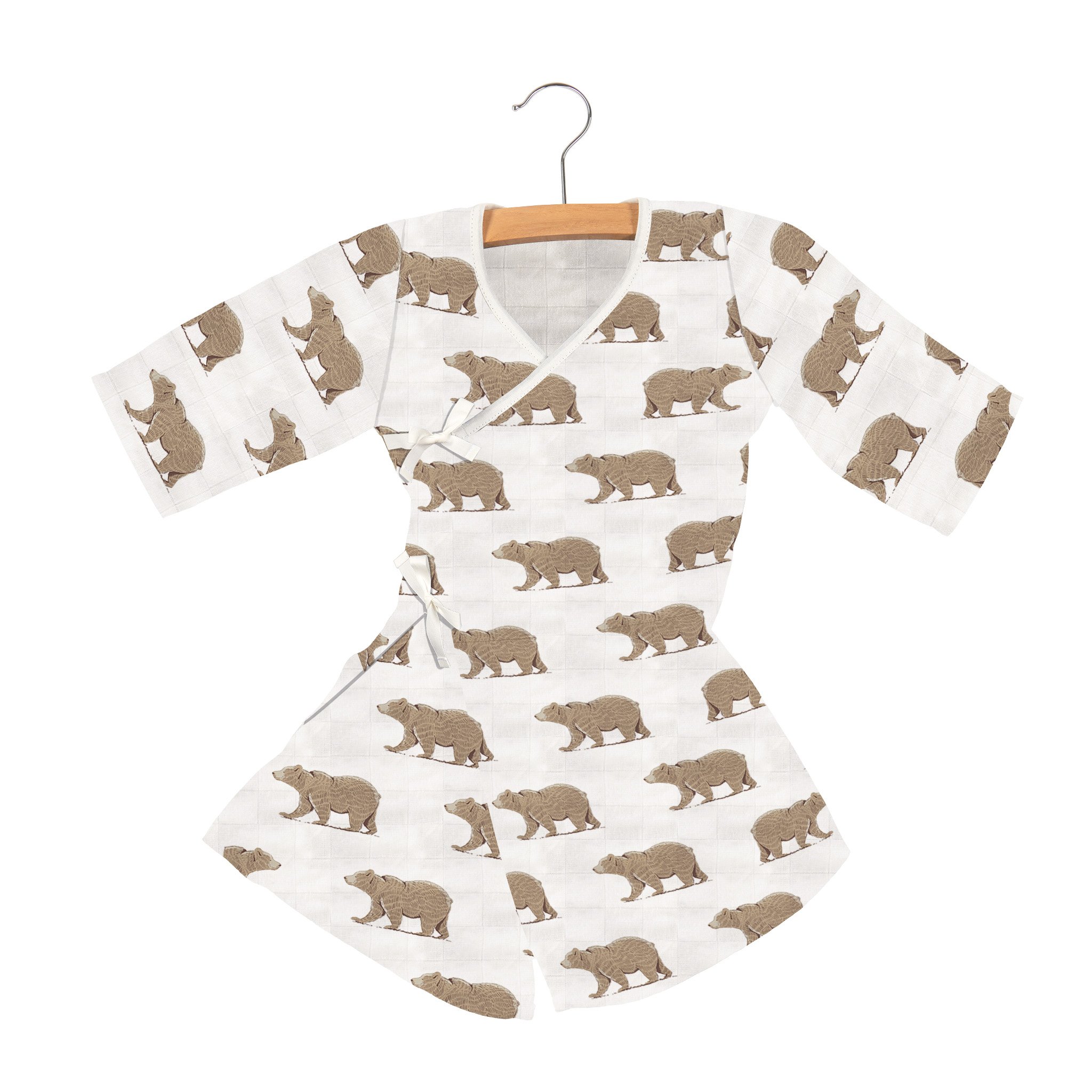 Goodnight Bear Bamboo Newcastle Mini Robe in soft bamboo muslin, featuring adjustable wrap ties and a stylish design for children.