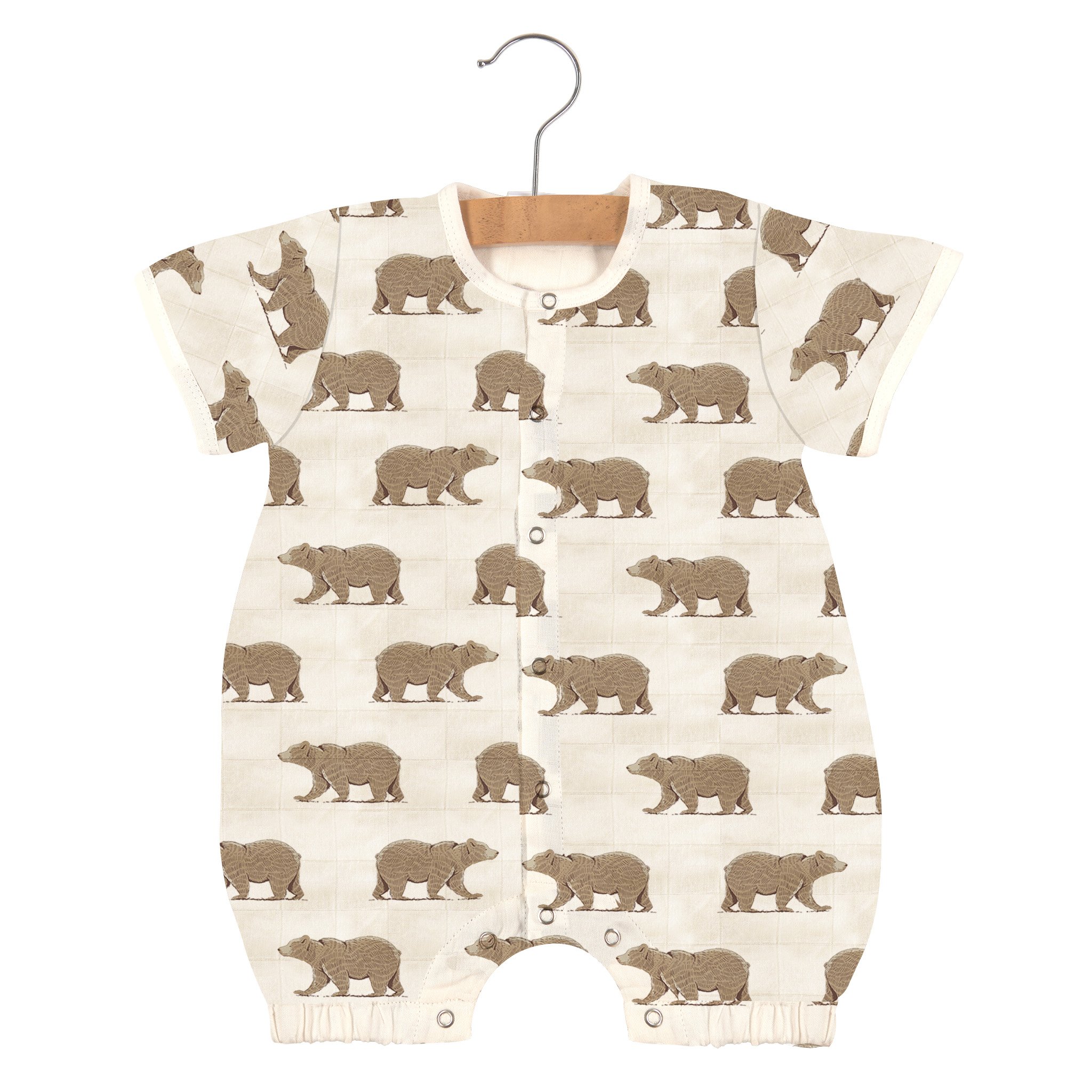 Goodnight Bear Bamboo Newcastle Mini Romper in soft bamboo muslin, featuring snap leg openings and front closure for easy dressing.