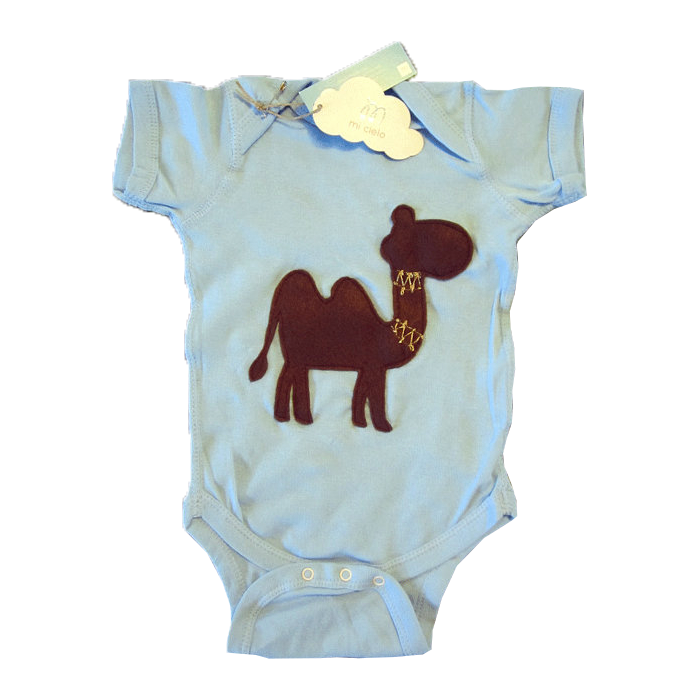 Gorgeous Camel Infant Bodysuit featuring a charming camel design with gold stitching, handmade and hand-stitched with love.