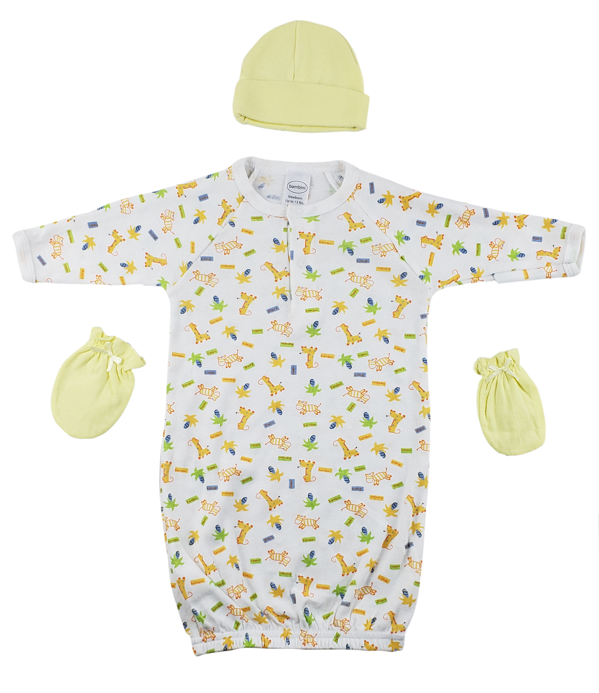 Gown, Cap and Mittens 3 Pc Set for newborns, featuring soft cotton fabric in a unisex design with yellow accents.