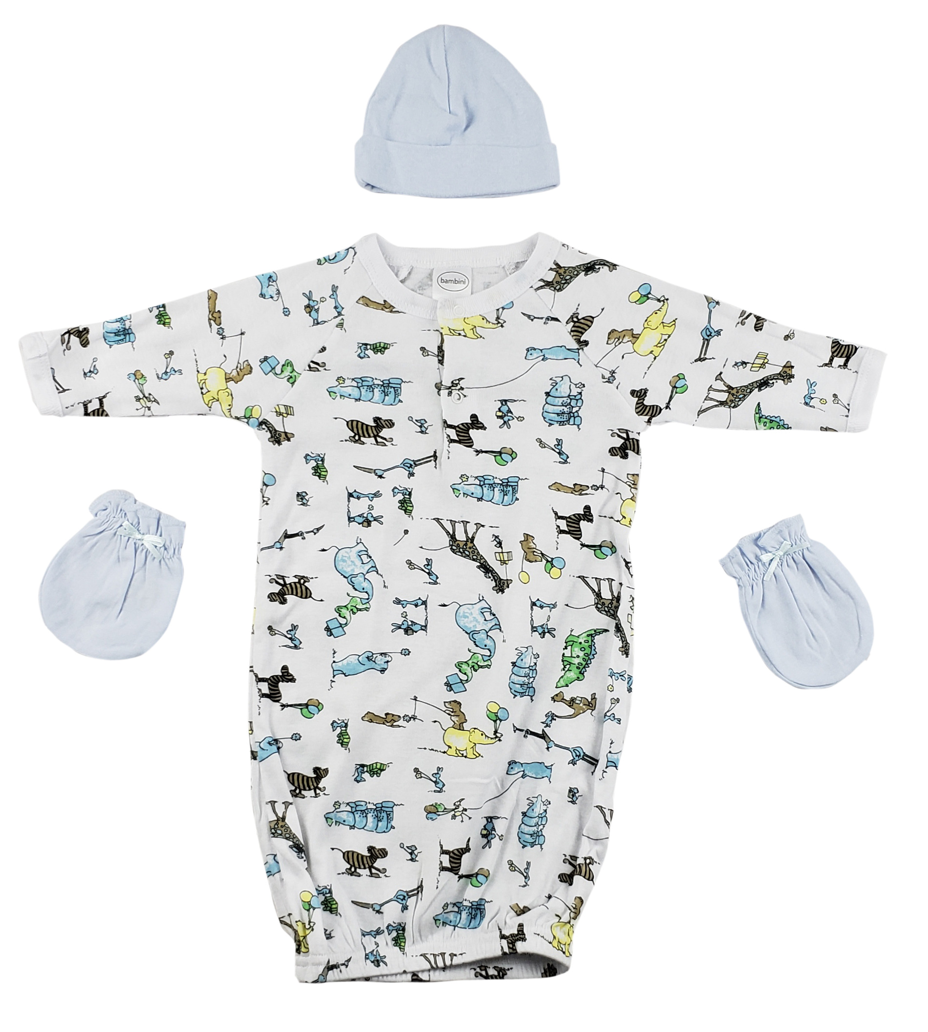 Gown, Cap and Mittens 3 Pc Set for newborns, featuring soft cotton fabric in a unisex design, perfect for comfort and style.