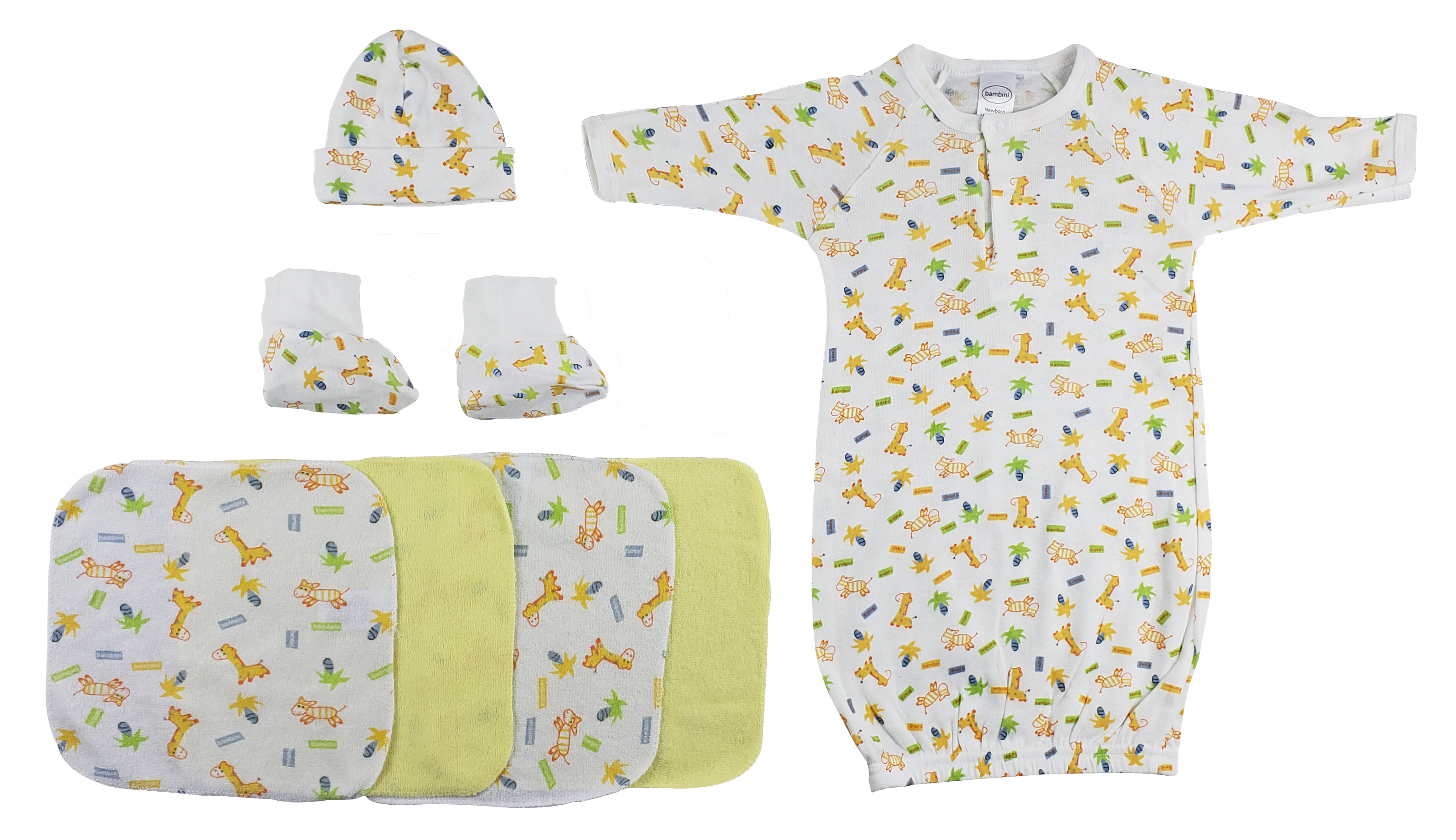 A cozy 7-piece baby set including a gown, cap, booties, and washcloths, all made from soft cotton in a cheerful yellow color.