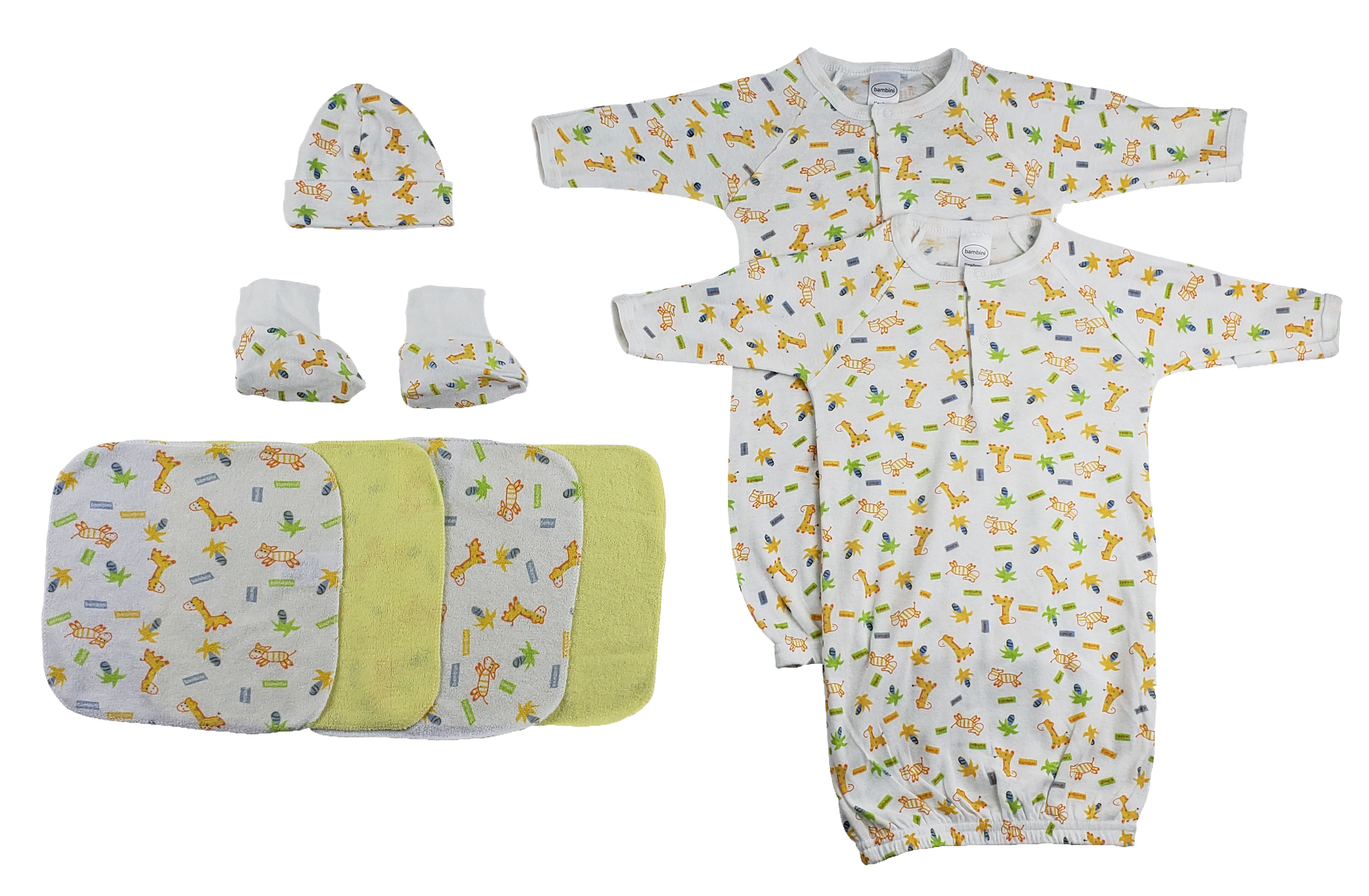 A cozy 8-piece baby set including gowns, cap booties, and washcloths made from soft cotton, perfect for newborns.