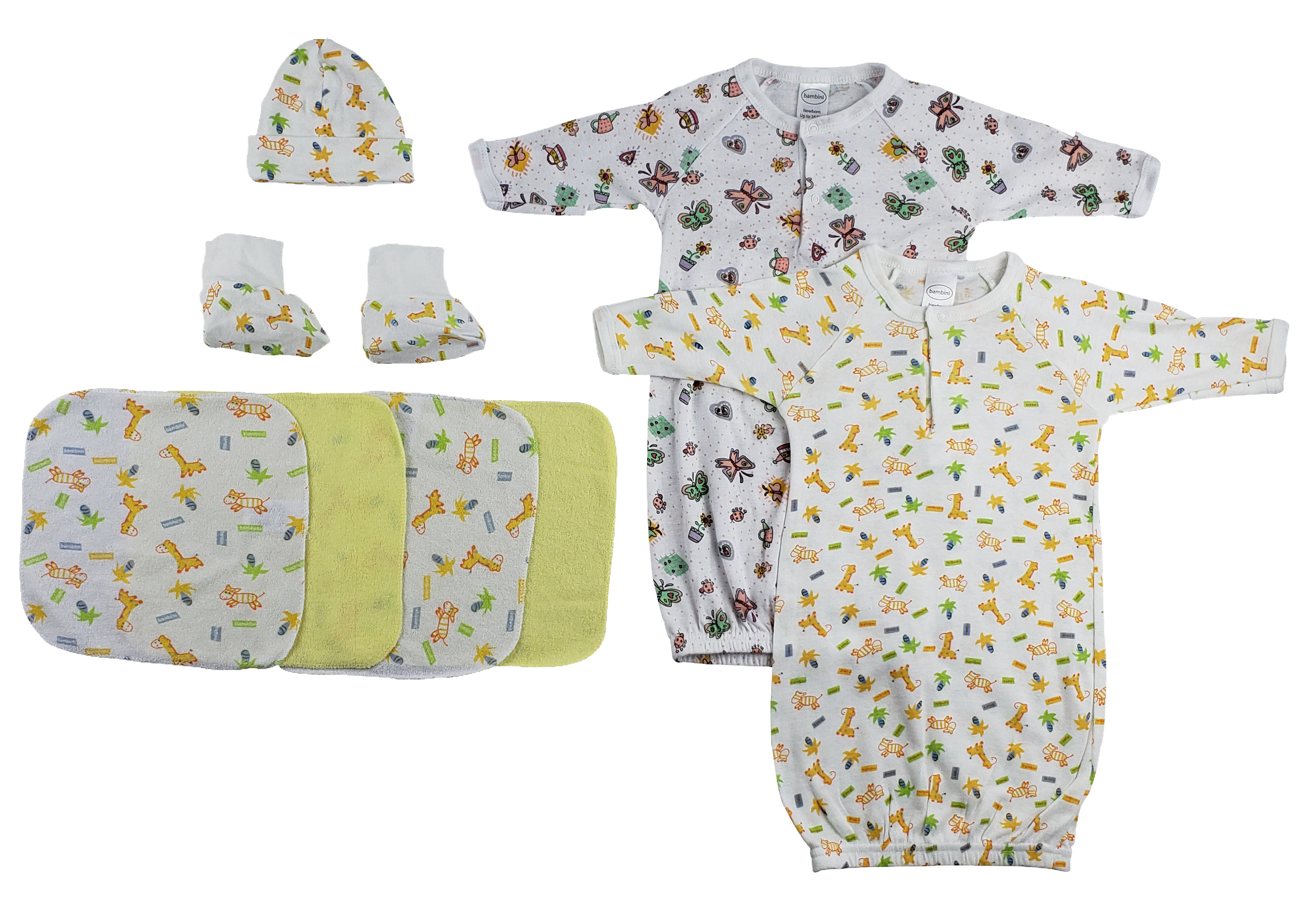 8-piece baby clothing set including gowns, cap booties, and washcloths made from soft cotton, perfect for newborns.