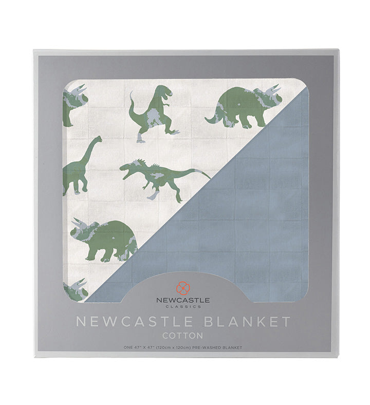 Granite Green Dinosaurs and Blue Fog Cotton Newcastle Blanket, featuring a playful dinosaur design on soft cotton fabric.