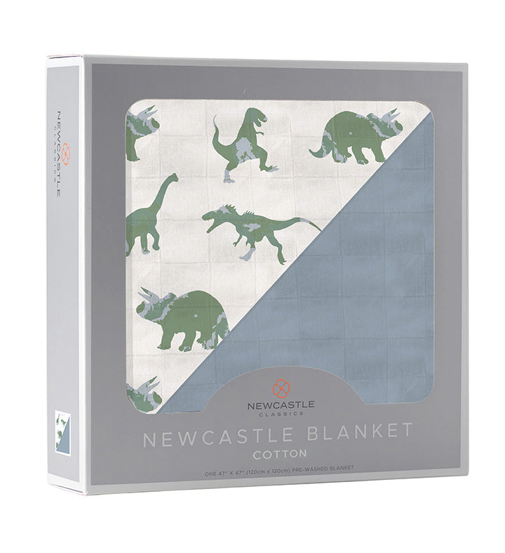 Granite Green Dinosaurs and Blue Fog Cotton Newcastle Blanket, featuring a playful dinosaur design on soft cotton fabric.