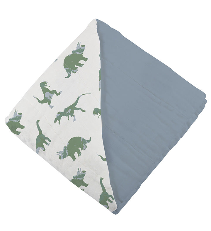 Granite Green Dinosaurs and Blue Fog Cotton Newcastle Blanket, featuring a playful dinosaur design on soft cotton fabric.