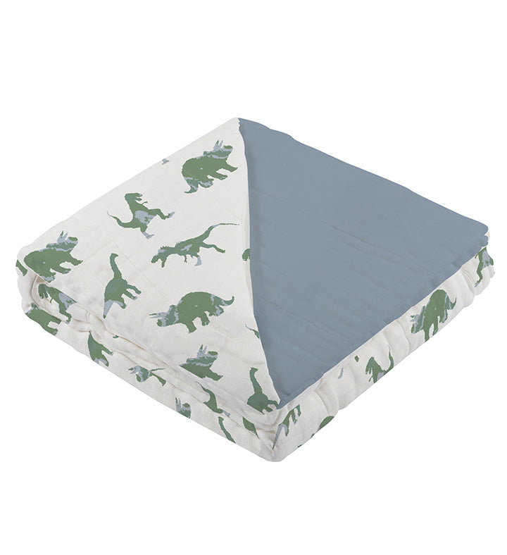 Granite Green Dinosaurs and Blue Fog Cotton Newcastle Blanket, featuring a playful dinosaur design on soft cotton fabric.