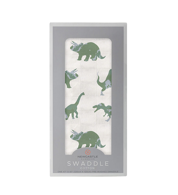 Granite Green Dinosaurs Cotton Swaddle featuring playful dinosaur prints on soft muslin fabric, perfect for swaddling and versatile use.