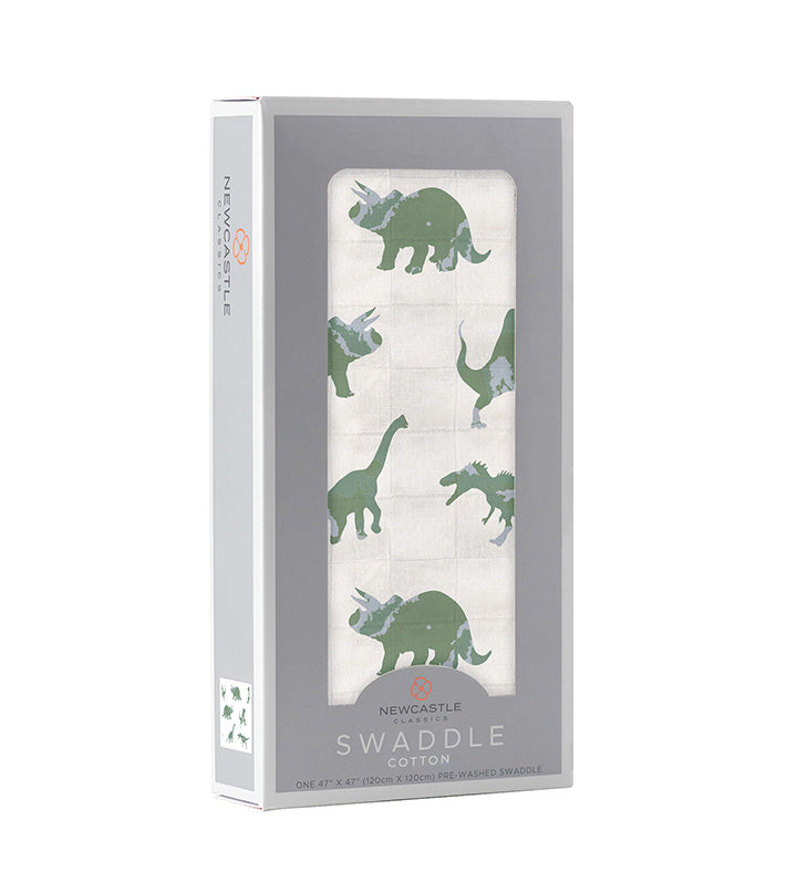 Granite Green Dinosaurs Cotton Swaddle featuring playful dinosaur prints on soft muslin fabric, perfect for swaddling and versatile use.