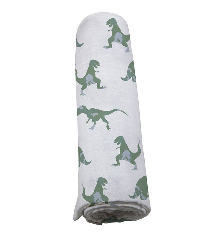 Granite Green Dinosaurs Cotton Swaddle featuring playful dinosaur prints on soft muslin fabric, perfect for swaddling and versatile use.