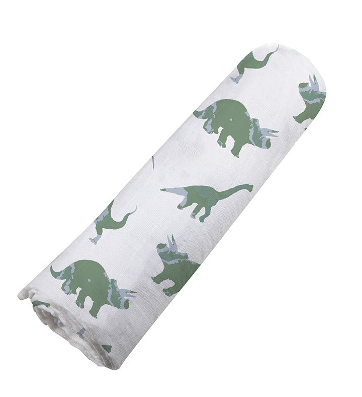 Granite Green Dinosaurs Cotton Swaddle featuring playful dinosaur prints on soft muslin fabric, perfect for swaddling and versatile use.