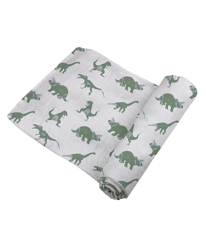 Granite Green Dinosaurs Cotton Swaddle featuring playful dinosaur prints on soft muslin fabric, perfect for swaddling and versatile use.