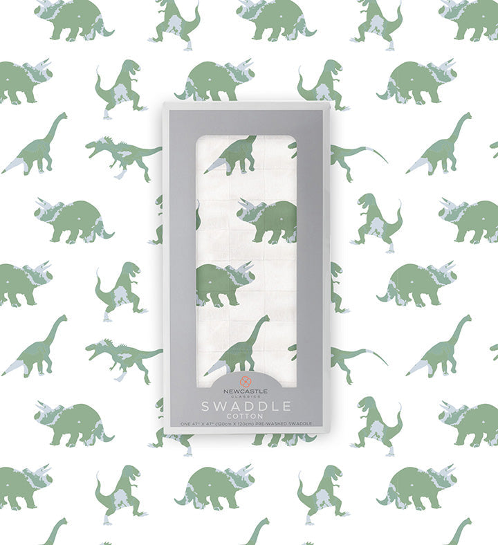 Granite Green Dinosaurs Cotton Swaddle featuring playful dinosaur prints on soft muslin fabric, perfect for swaddling and versatile use.