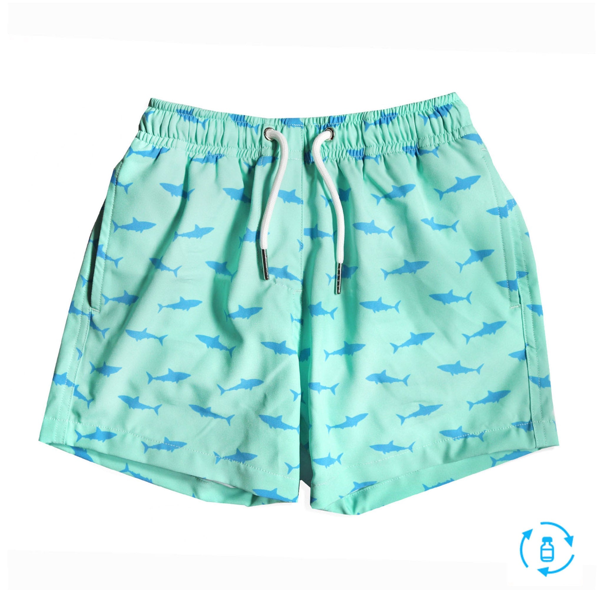 Great White Kids Swim Trunks made from recycled materials, featuring a 4-way stretch mesh liner and multiple pockets.