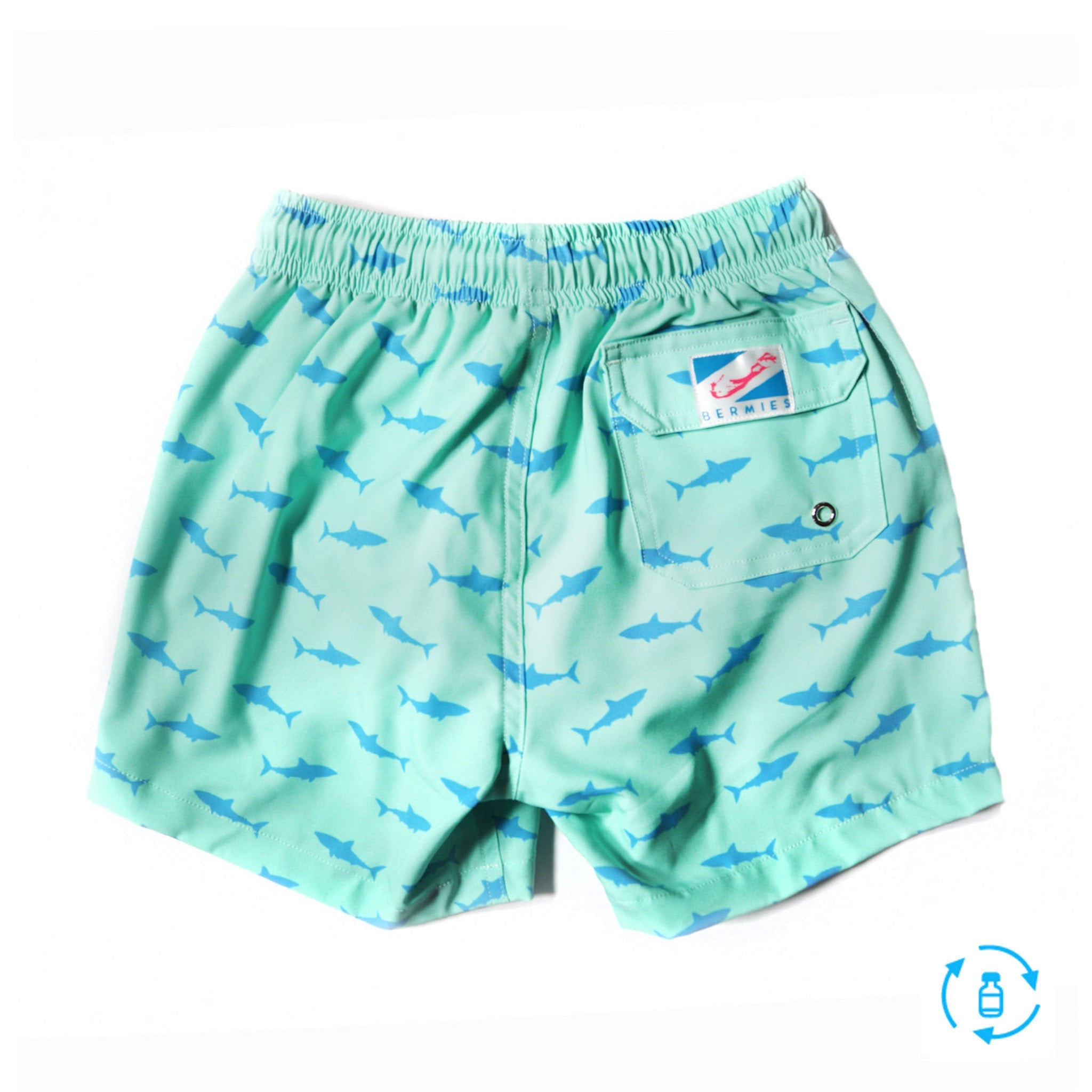 Great White Kids Swim Trunks made from recycled materials, featuring a 4-way stretch mesh liner and multiple pockets.