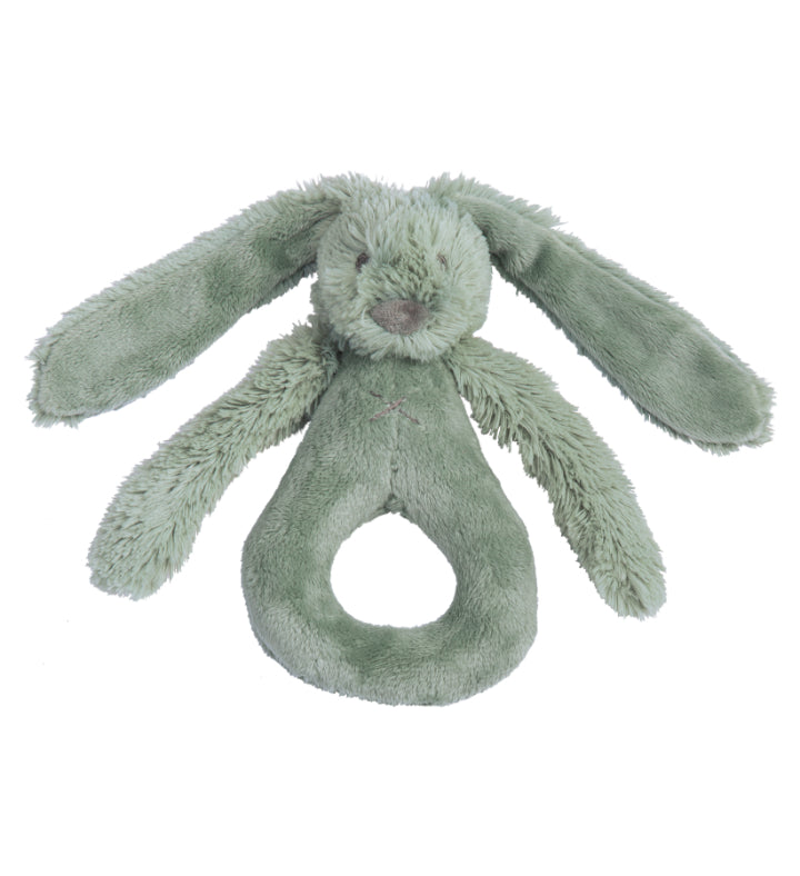 Soft green Rabbit Richie rattle by Happy Horse, featuring a gentle rattling sound and easy-to-hold design, perfect for babies.