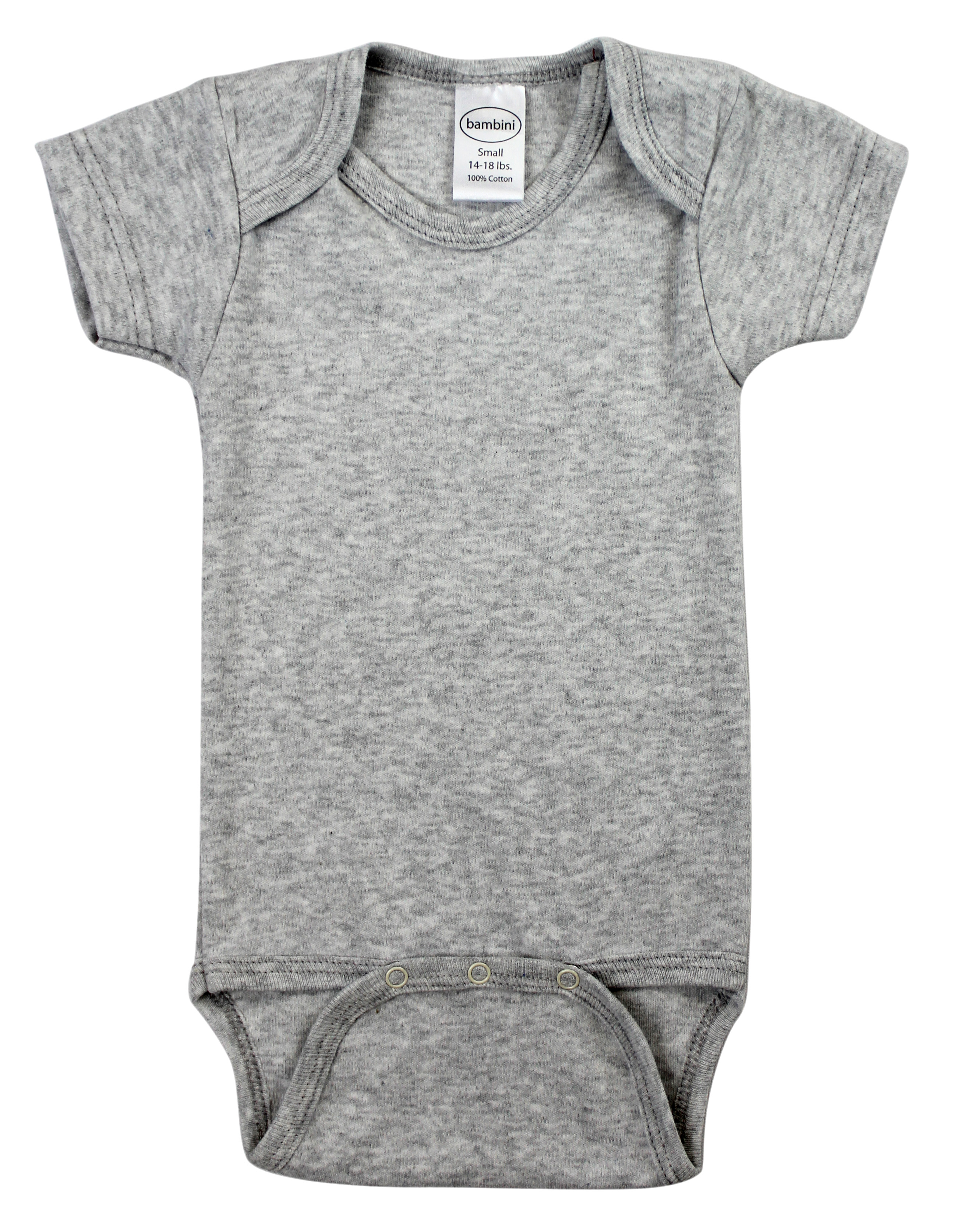 Grey interlock short sleeve bodysuit for babies, featuring expandable neckline and bottom snap closure.