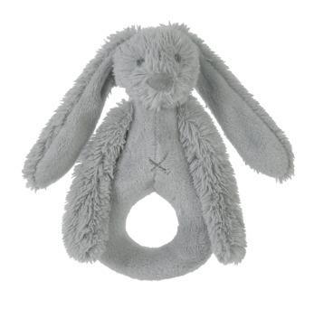 Soft grey rabbit rattle with gentle rattling sound, perfect for babies to hold and play.