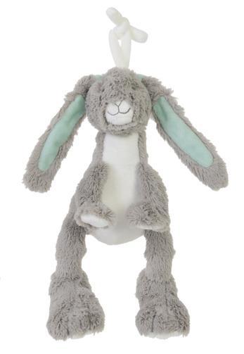 Grey Rabbit Twine no. 1 Plush Animal by Happy Horse, featuring crackling ears, a rattle, and a squeaker, perfect for sensory play.