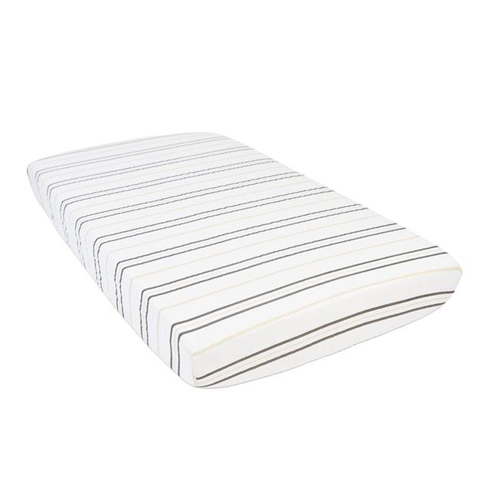 Grey stripe cotton muslin crib sheet designed for standard crib mattresses, showcasing its soft texture and breathable fabric.