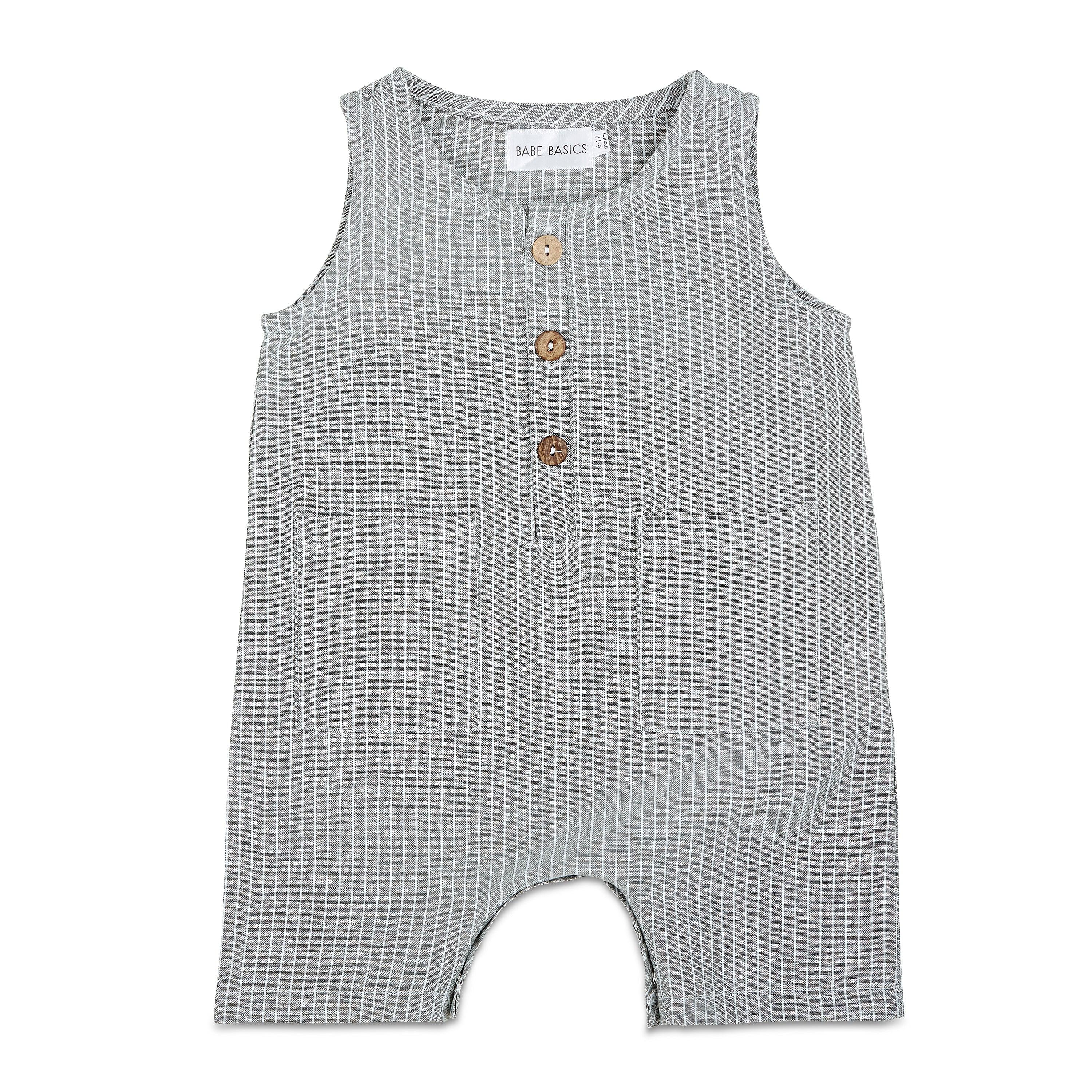 A stylish grey and white striped crop linen romper for babies, featuring diaper snaps and a comfortable fit.