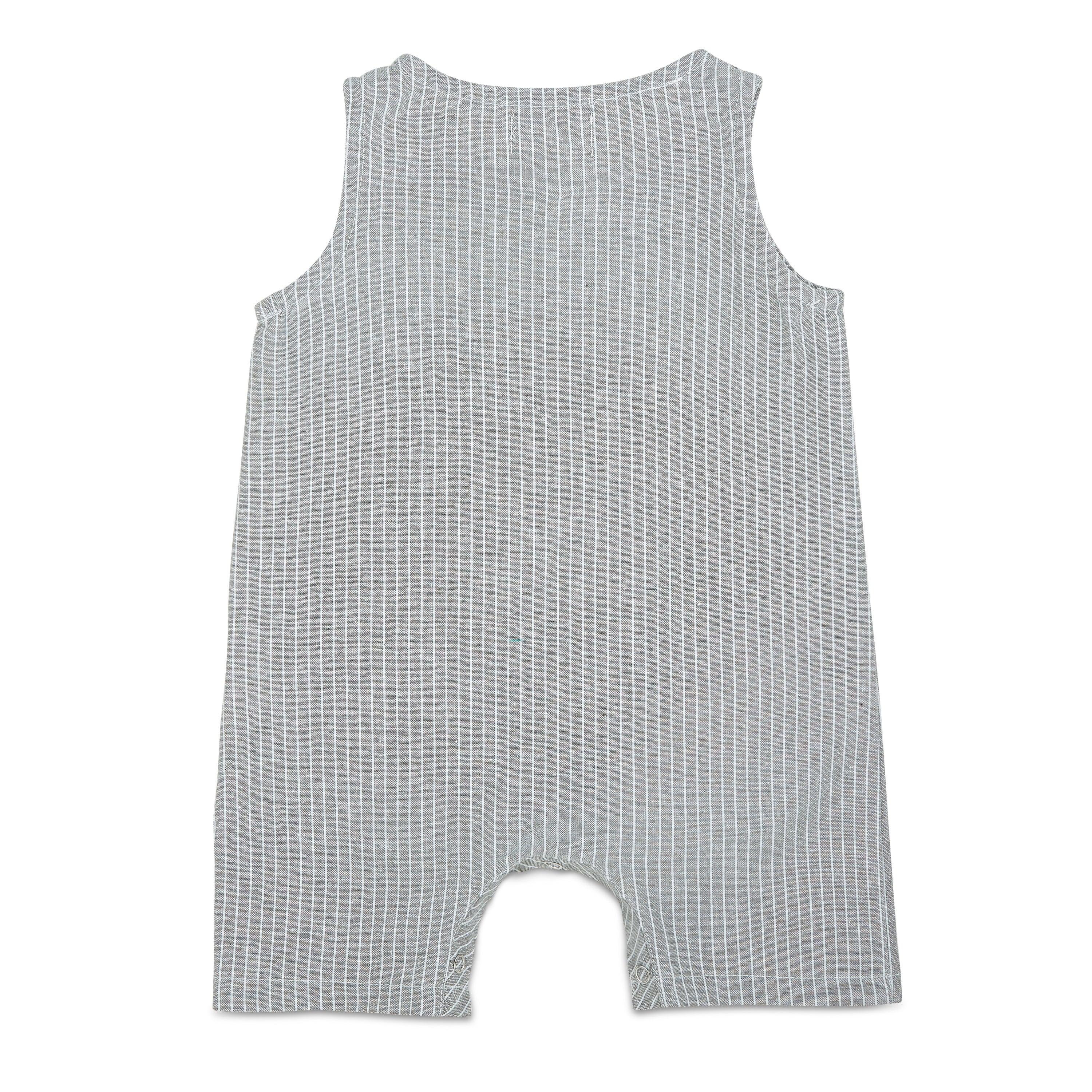 A stylish grey and white striped crop linen romper for babies, featuring diaper snaps and a comfortable fit.