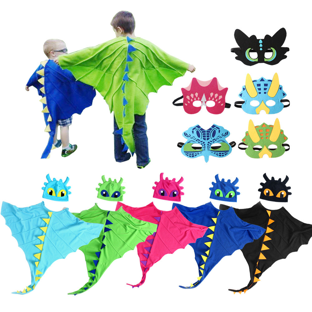 A colorful set of Dinosaur Cloak Hats and Masks for kids, featuring various colors and patterns, perfect for Halloween cosplay.