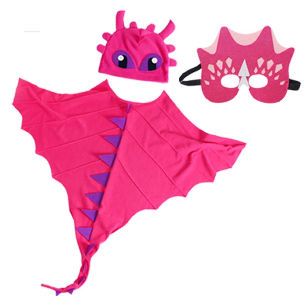 A colorful set of Dinosaur Cloak Hats and Masks for kids, featuring various colors and patterns, perfect for Halloween cosplay.