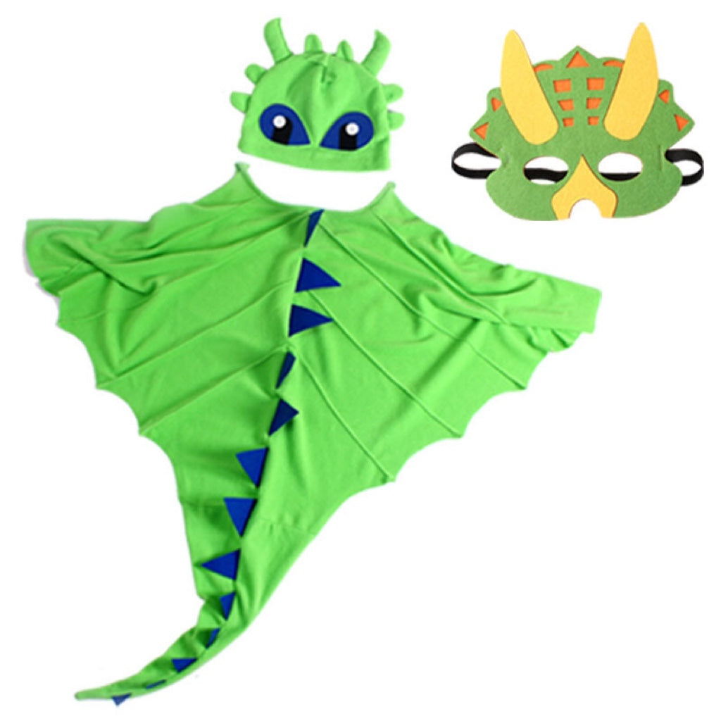 A colorful set of Dinosaur Cloak Hats and Masks for kids, featuring various colors and patterns, perfect for Halloween cosplay.