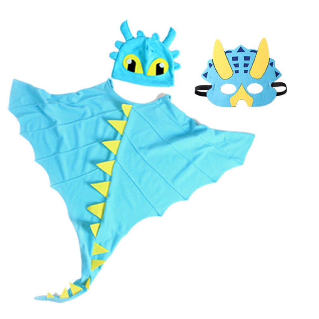 A colorful set of Dinosaur Cloak Hats and Masks for kids, featuring various colors and patterns, perfect for Halloween cosplay.