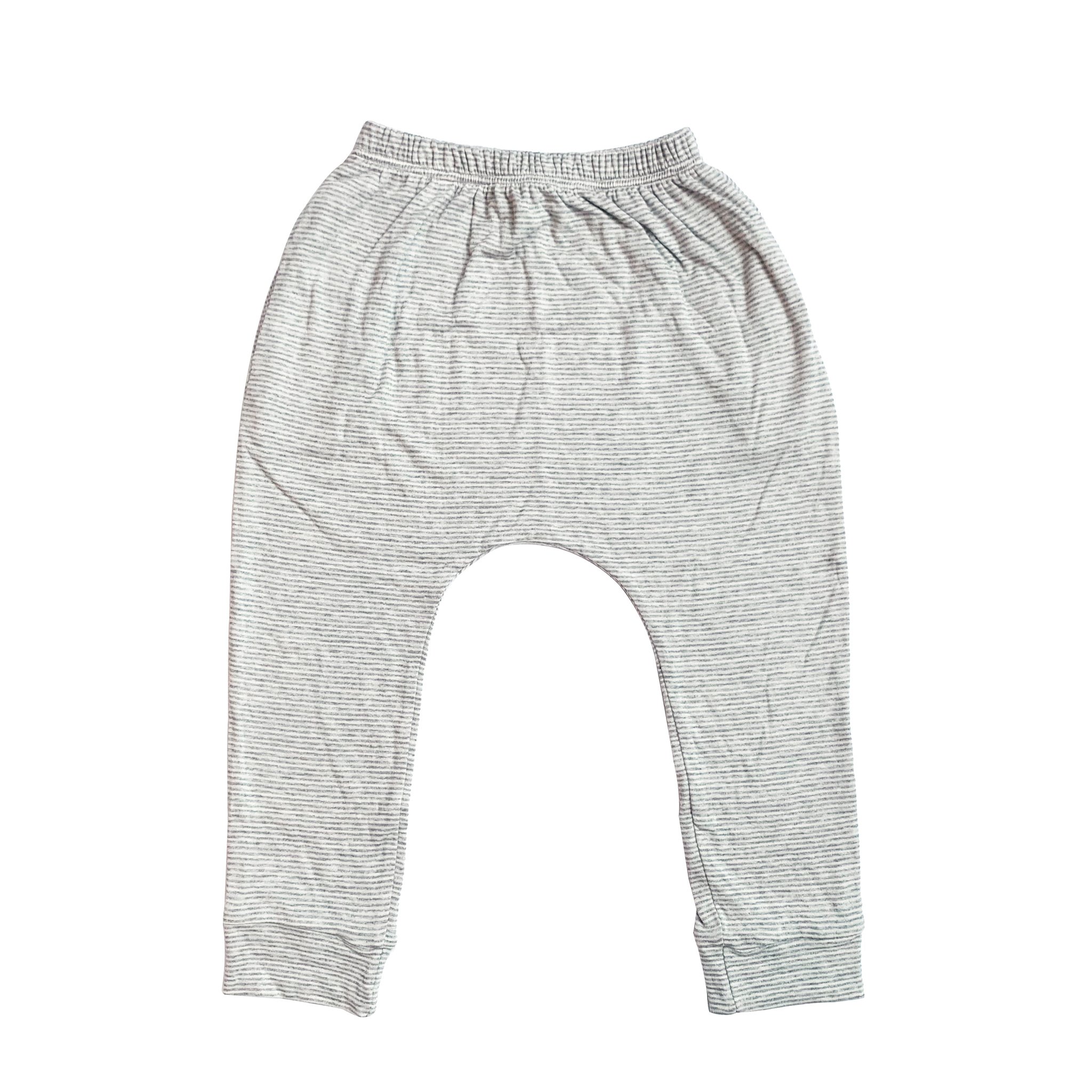 Youth Hammer Pants in grey with skinny stripes, featuring a hidden monster pocket and drop crotch harem style, made from soft cotton-spandex blend.