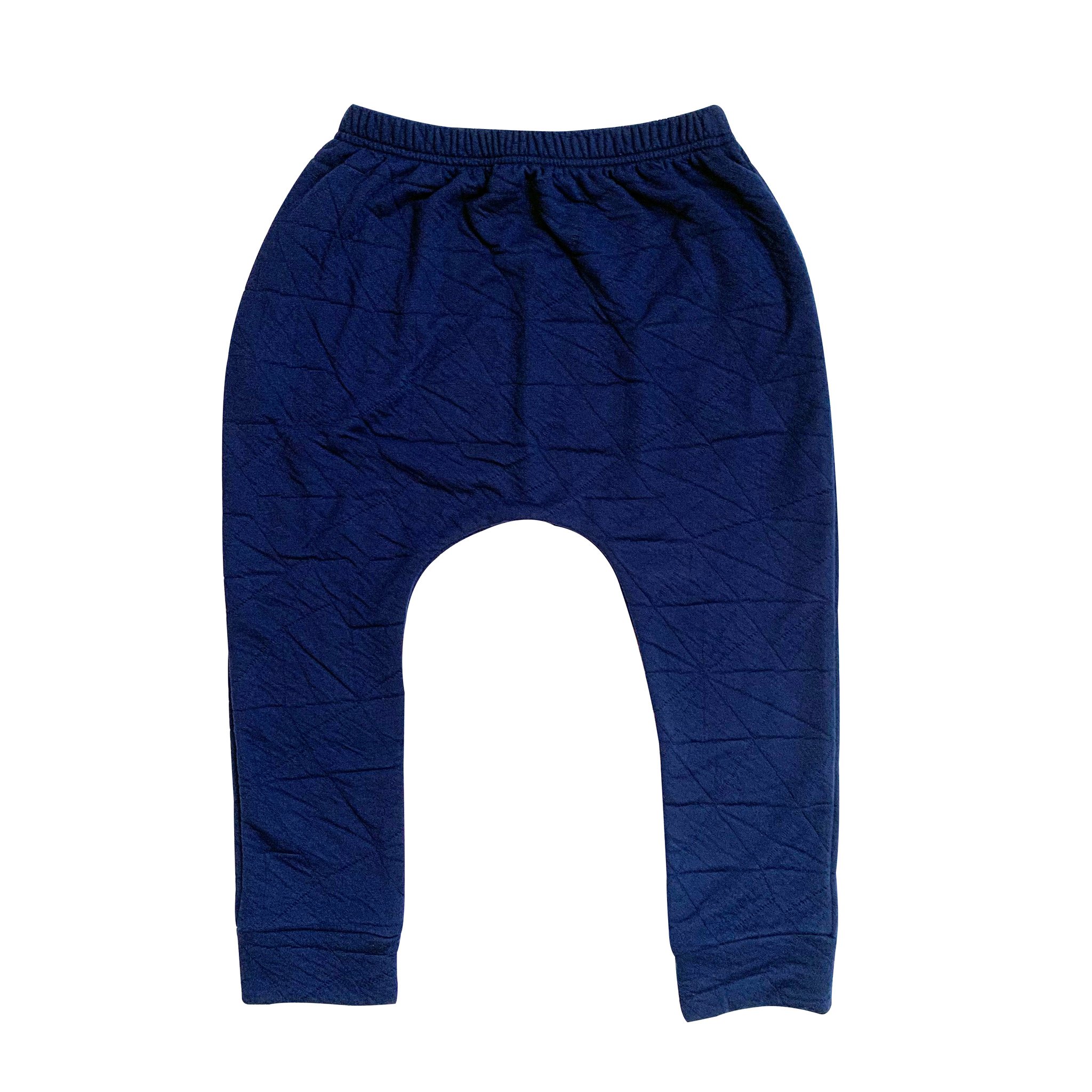 Youth Hammer Pants in Quilted Deep Blue with hidden monster pocket, showcasing drop crotch harem style and soft fabric.