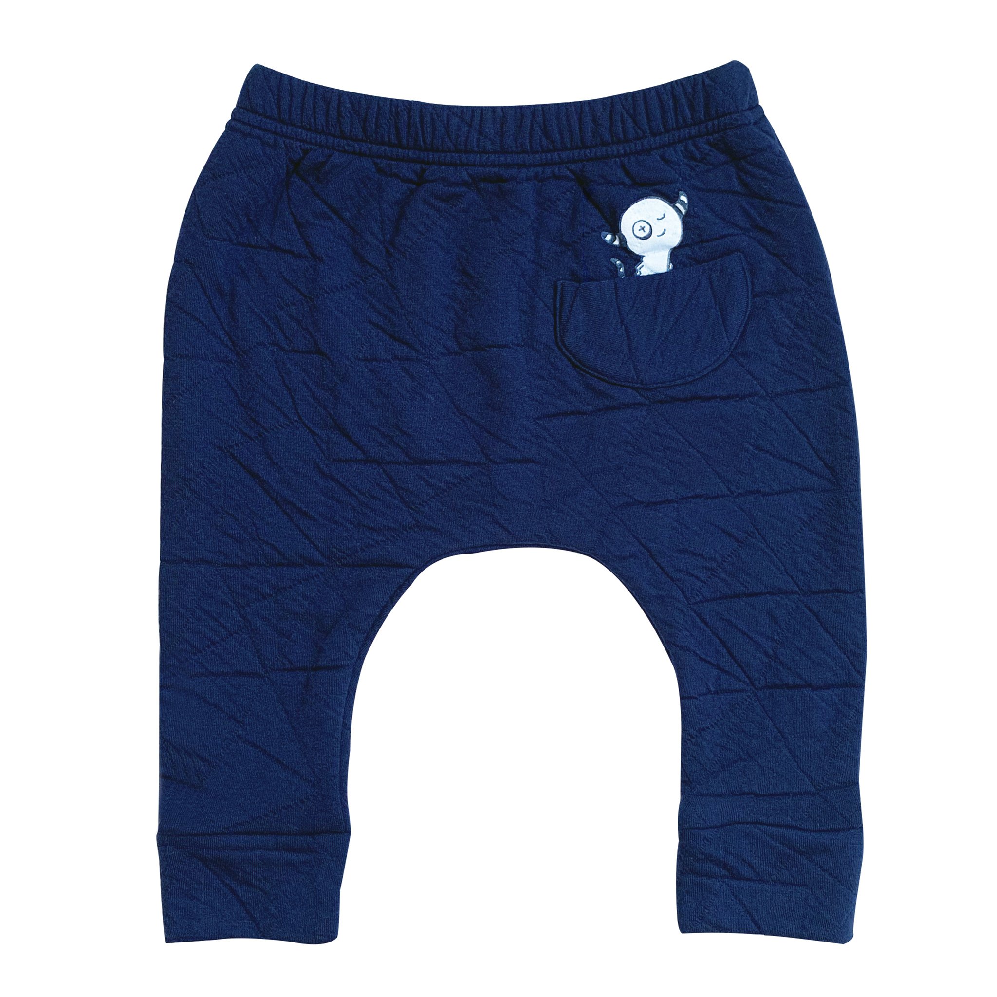 Quilted Deep Blue Hammer Pants featuring a monster peek-a-boo back pocket and drop crotch harem style, made from soft cotton-spandex fabric.