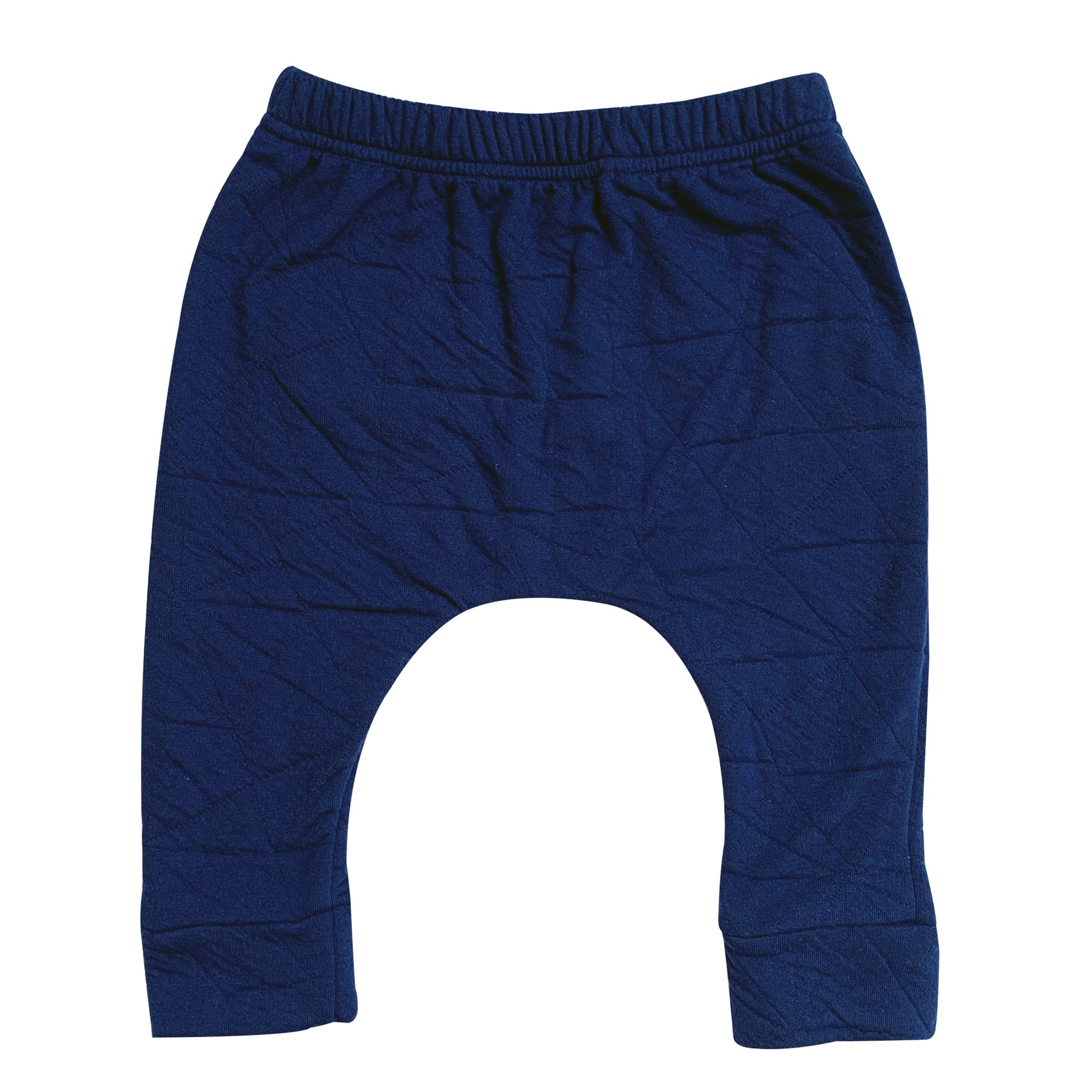 Quilted Deep Blue Hammer Pants featuring a monster peek-a-boo back pocket and drop crotch harem style, made from soft cotton-spandex fabric.