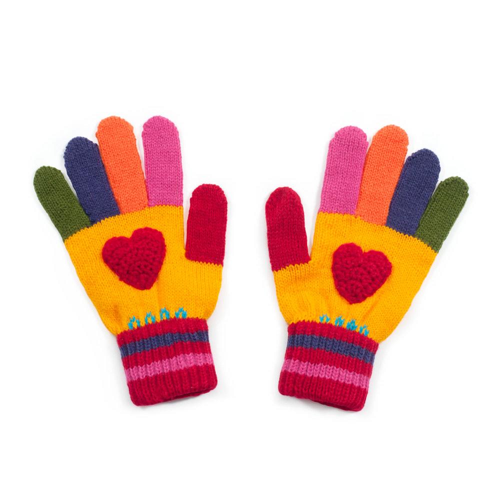 A pair of handmade lightweight acrylic knit gloves in a heart design, perfect for kids.