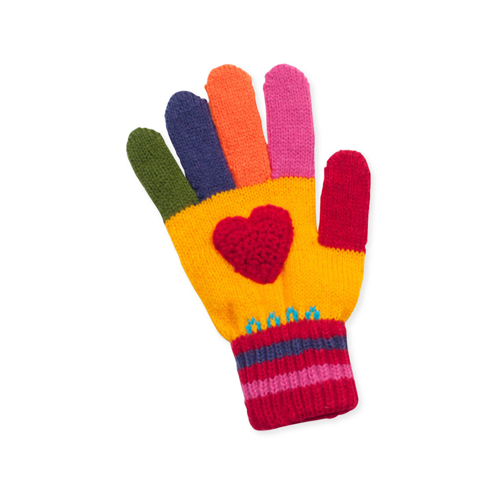 A pair of handmade lightweight acrylic knit gloves in a heart design, perfect for kids.