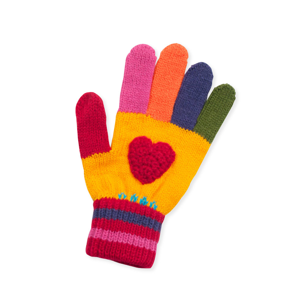 A pair of handmade lightweight acrylic knit gloves in a heart design, perfect for kids.