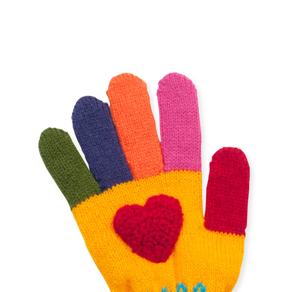 A pair of handmade lightweight acrylic knit gloves in a heart design, perfect for kids.