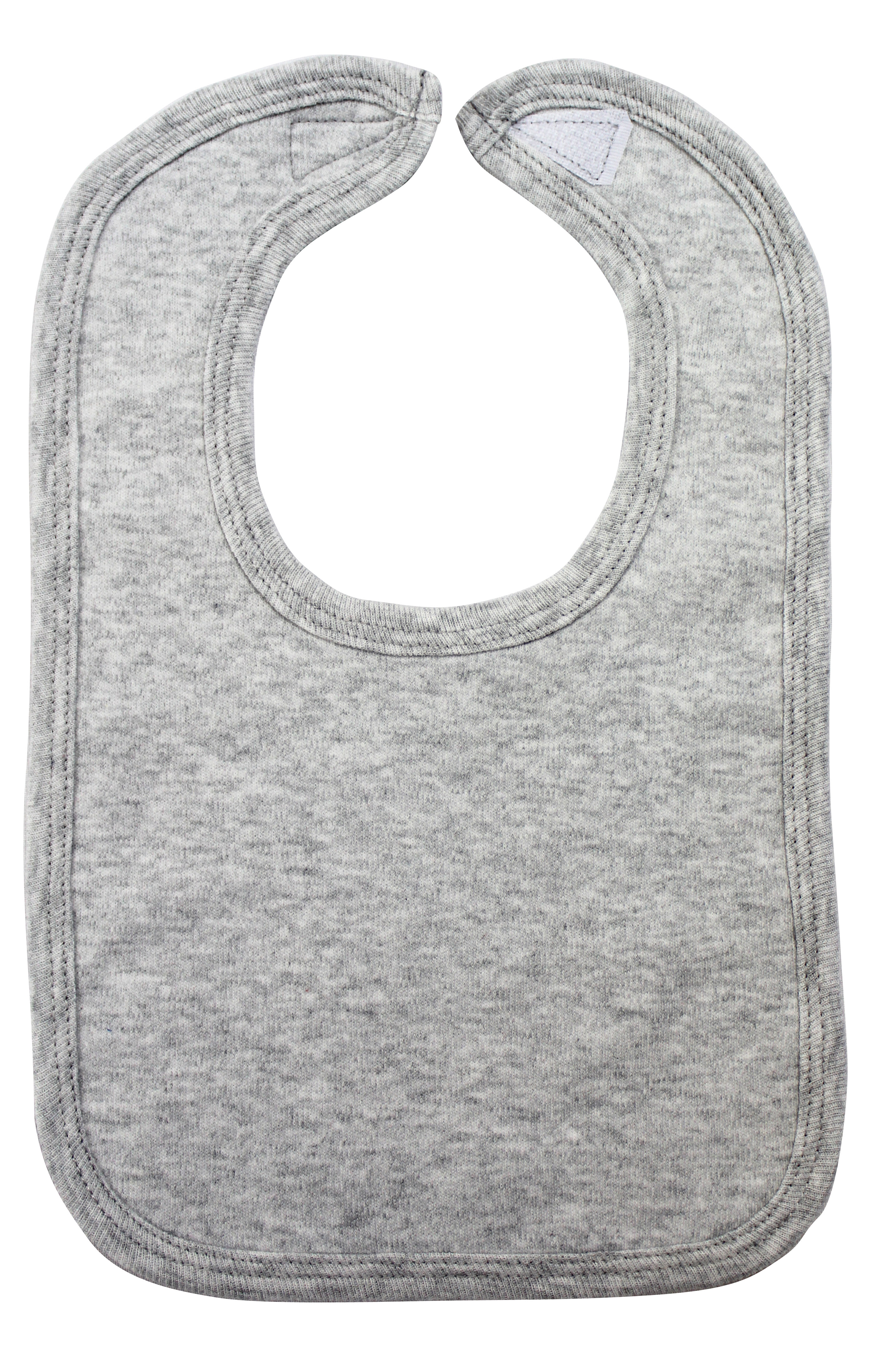 Heather Grey Interlock Bib designed for infants, featuring a soft fabric and hook and loop closure for easy wear.