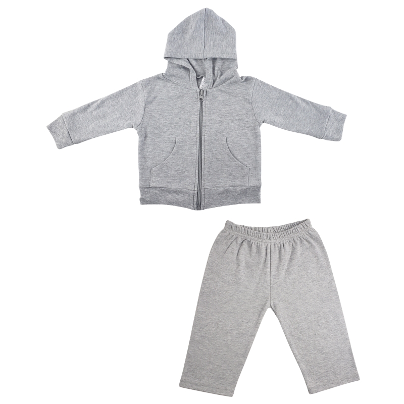 Heather Grey Interlock Sweat Pants and Hoodie Set displayed on a hanger, showcasing the soft cotton fabric and stylish design.