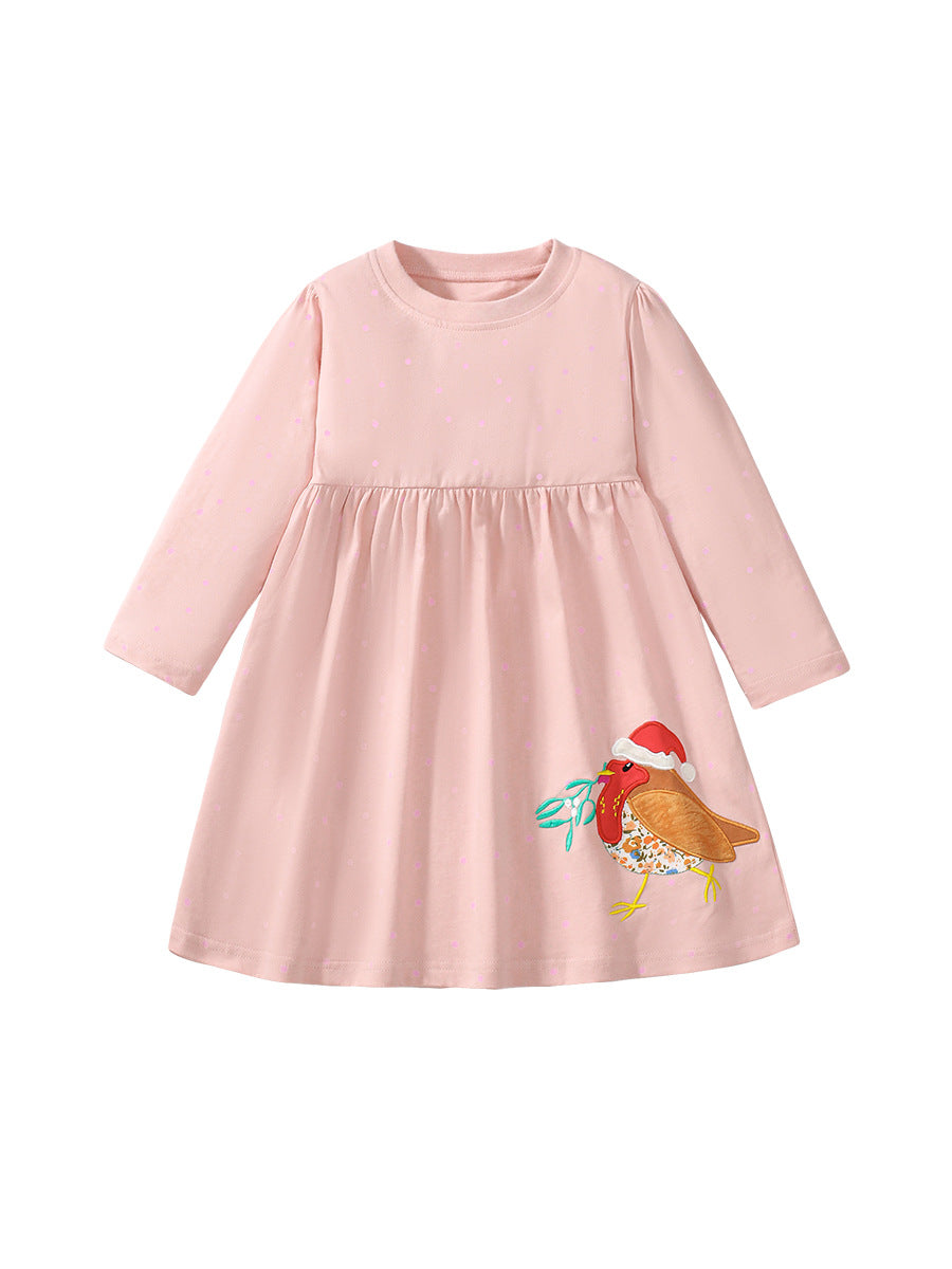 High Quality Autumn Girls Long Sleeves featuring a cute Sparrow Bird pattern in pink cotton fabric.