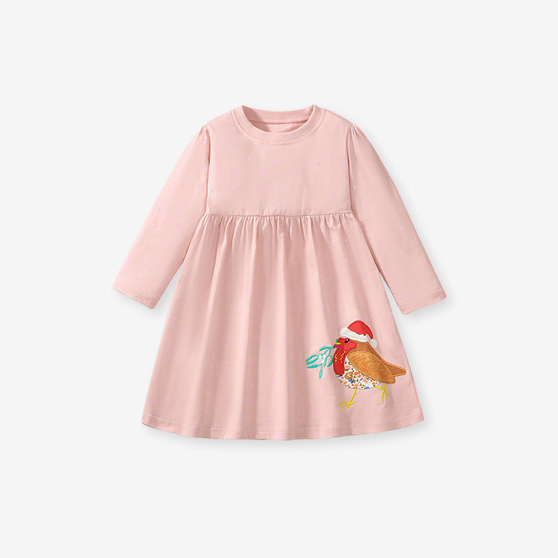 High Quality Autumn Girls Long Sleeves featuring a cute Sparrow Bird pattern in pink cotton fabric.