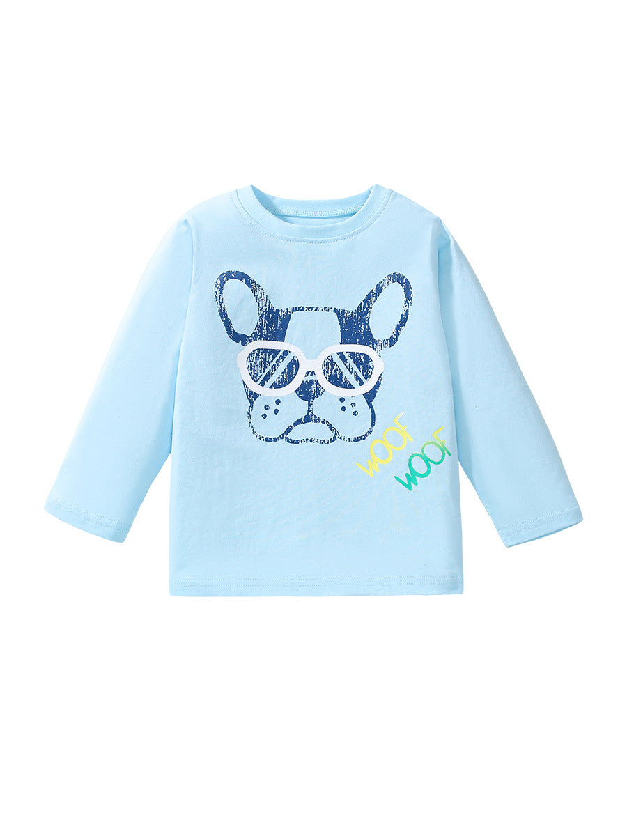 High Quality Autumn Kids’ Long Sleeves T-Shirt featuring a cool dog pattern in blue, made from soft cotton, suitable for boys and girls.