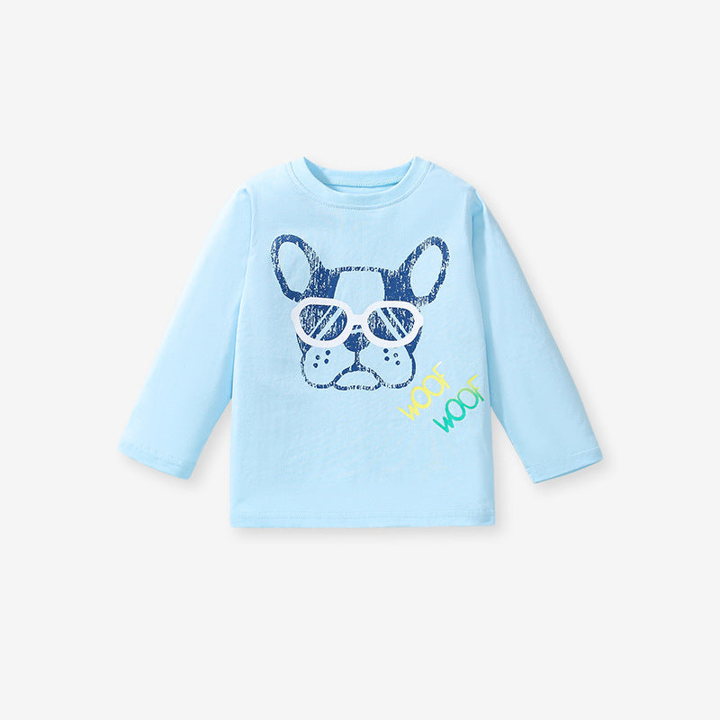 High Quality Autumn Kids’ Long Sleeves T-Shirt featuring a cool dog pattern in blue, made from soft cotton, suitable for boys and girls.