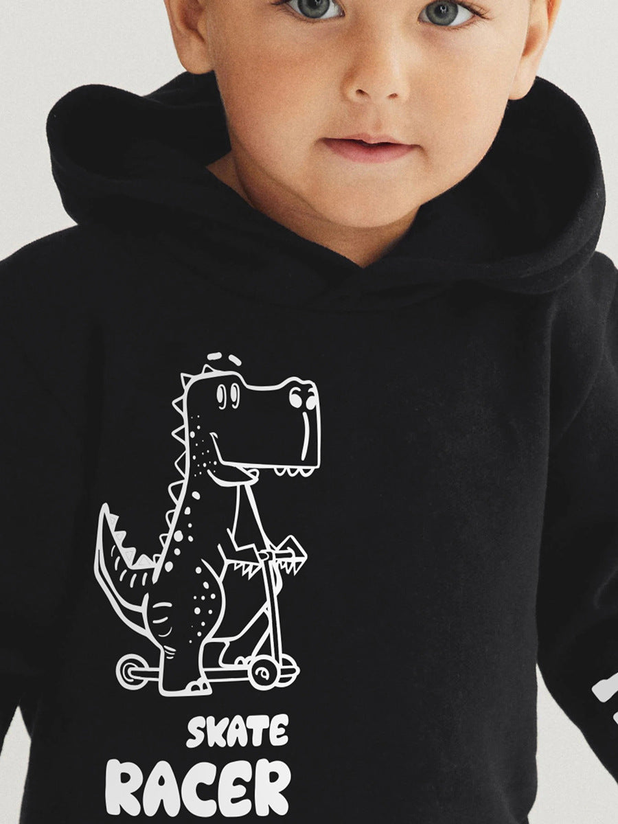 High Quality Long Sleeve Shirt for Boys featuring Dinosaur and Letter Patterns in Black, made from soft cotton material.