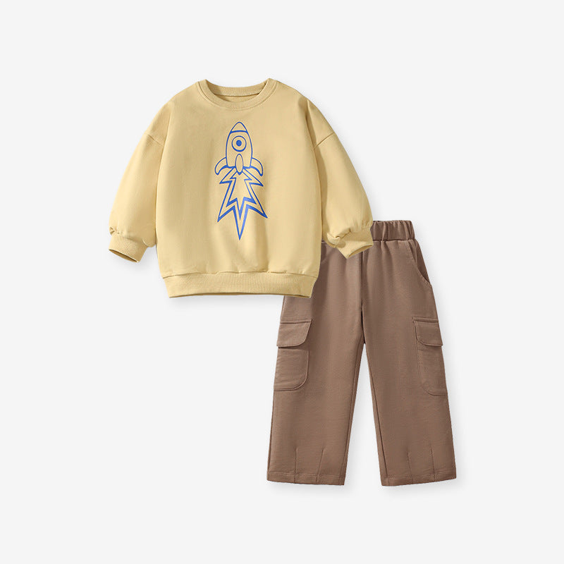 High Quality Spring and Autumn Boys Long Sleeves Top featuring a vibrant rocket print in light yellow color, made from soft cotton material.