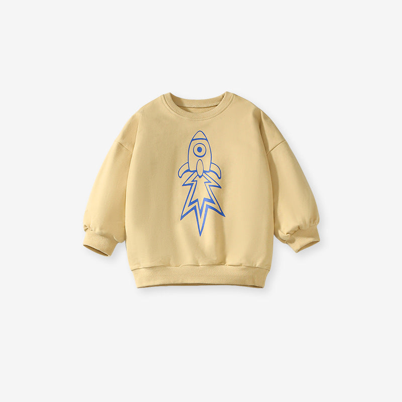 High Quality Spring and Autumn Boys Long Sleeves Top featuring a vibrant rocket print in light yellow color, made from soft cotton material.