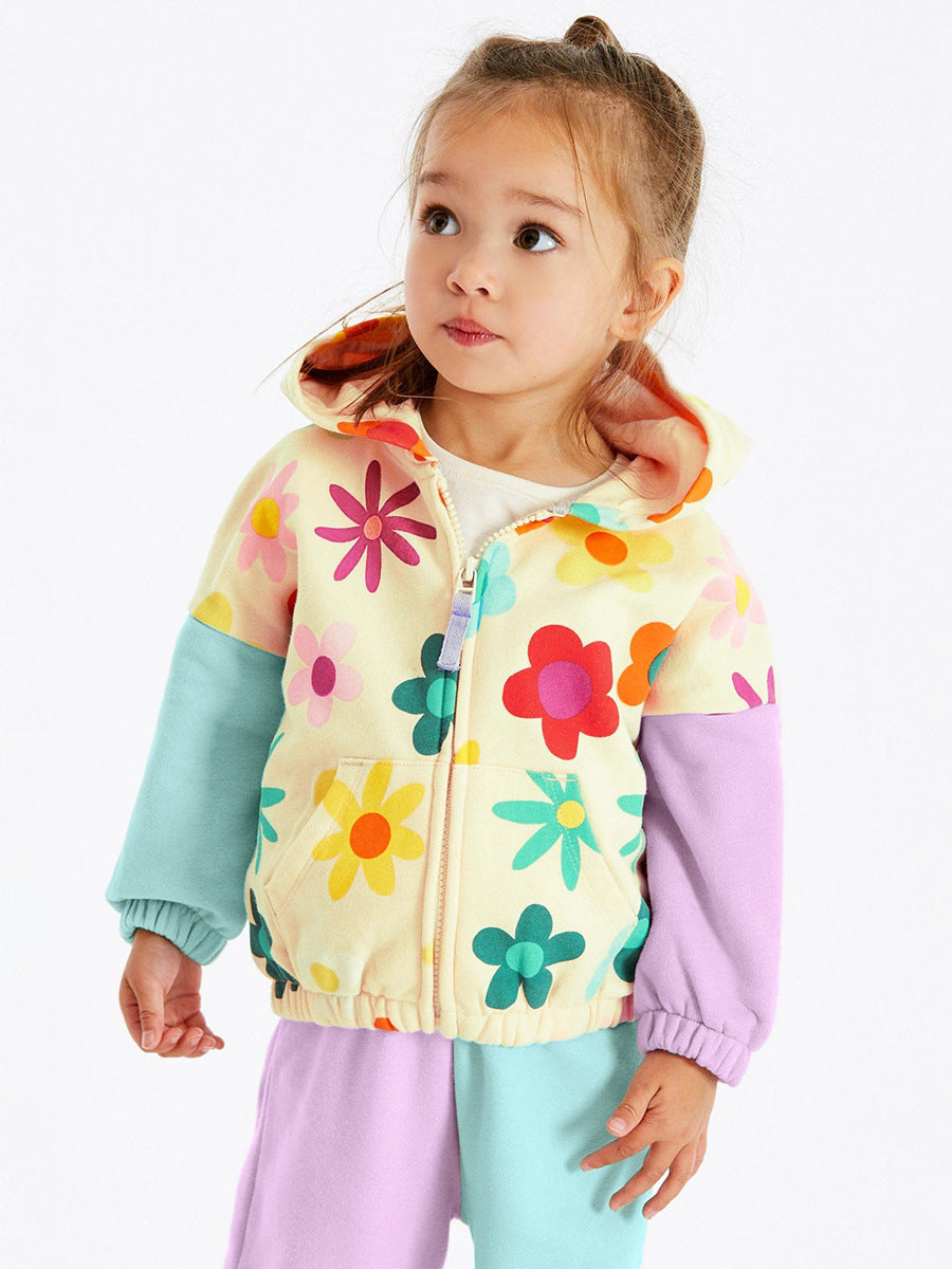 High Quality Spring and Autumn Girls outfit featuring a colorful floral pattern, made from soft cotton material.