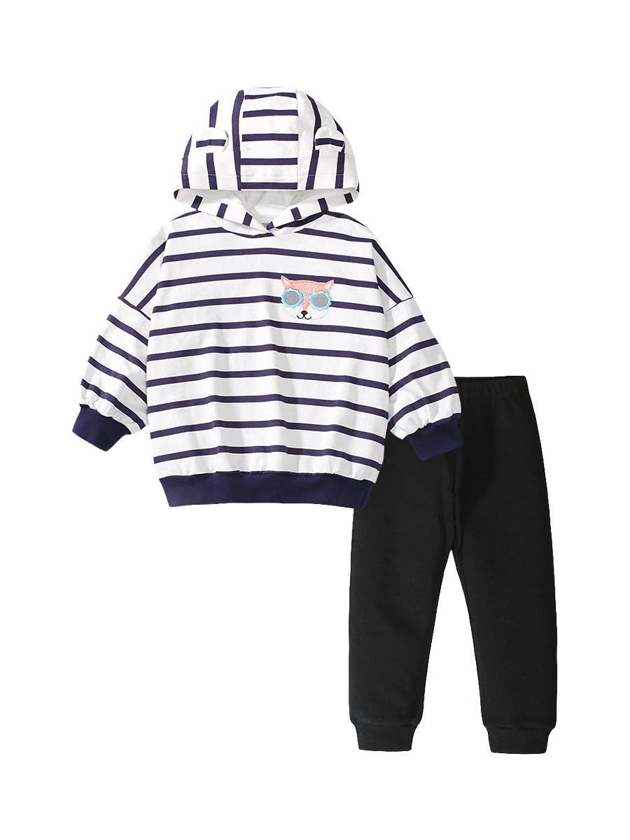 High Quality Spring and Autumn Girls Long Sleeves Top featuring a cute fox logo and striped pattern in black.